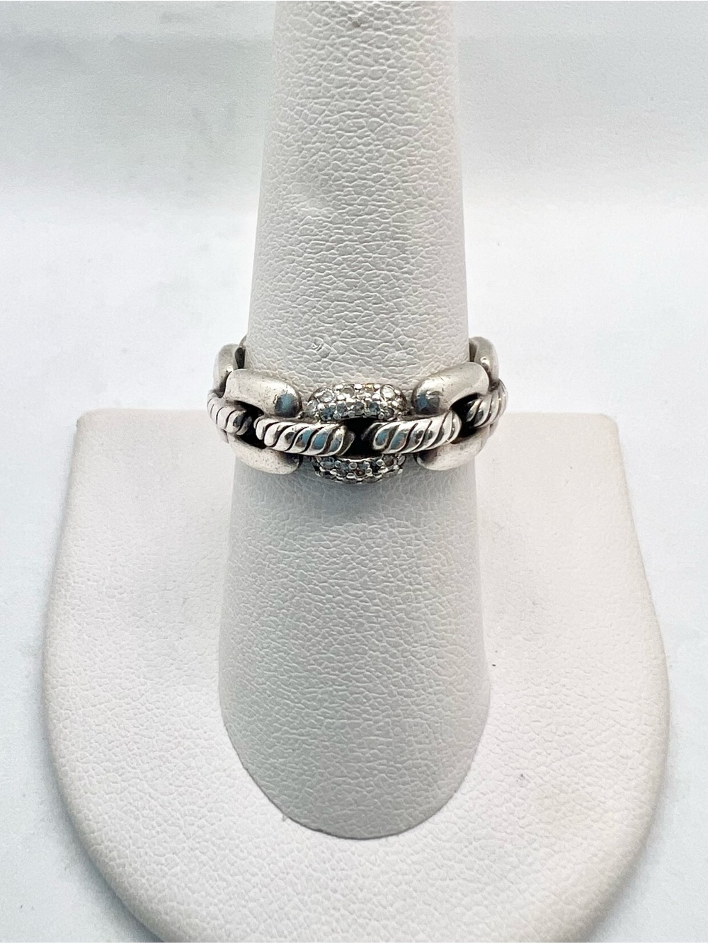 David Yurman Sterling Silver Cushion Link Ring with Diamonds